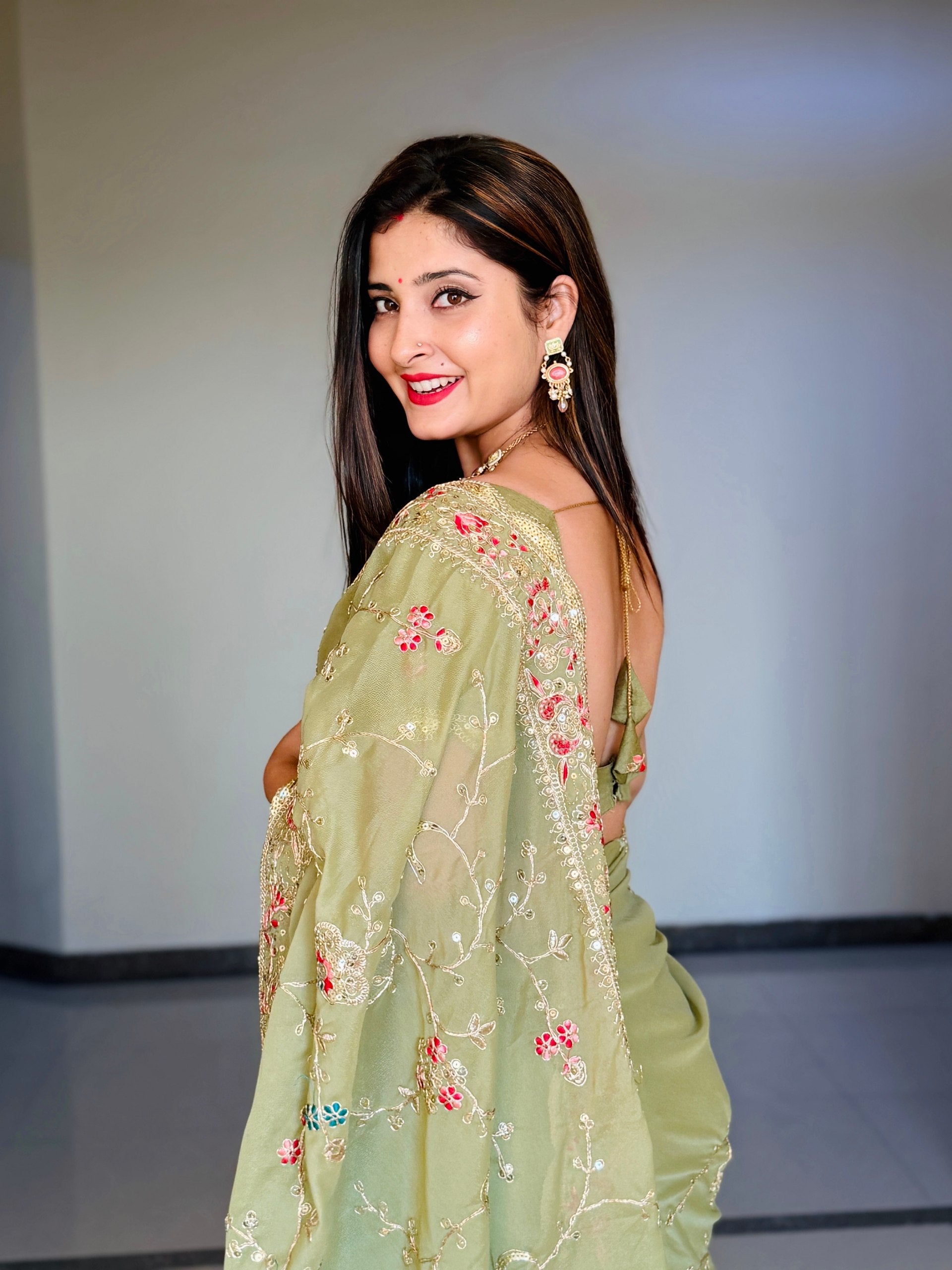 Women’s Olive Green Embroidered Soft Georgette Party Wear Saree with Cutwork Border