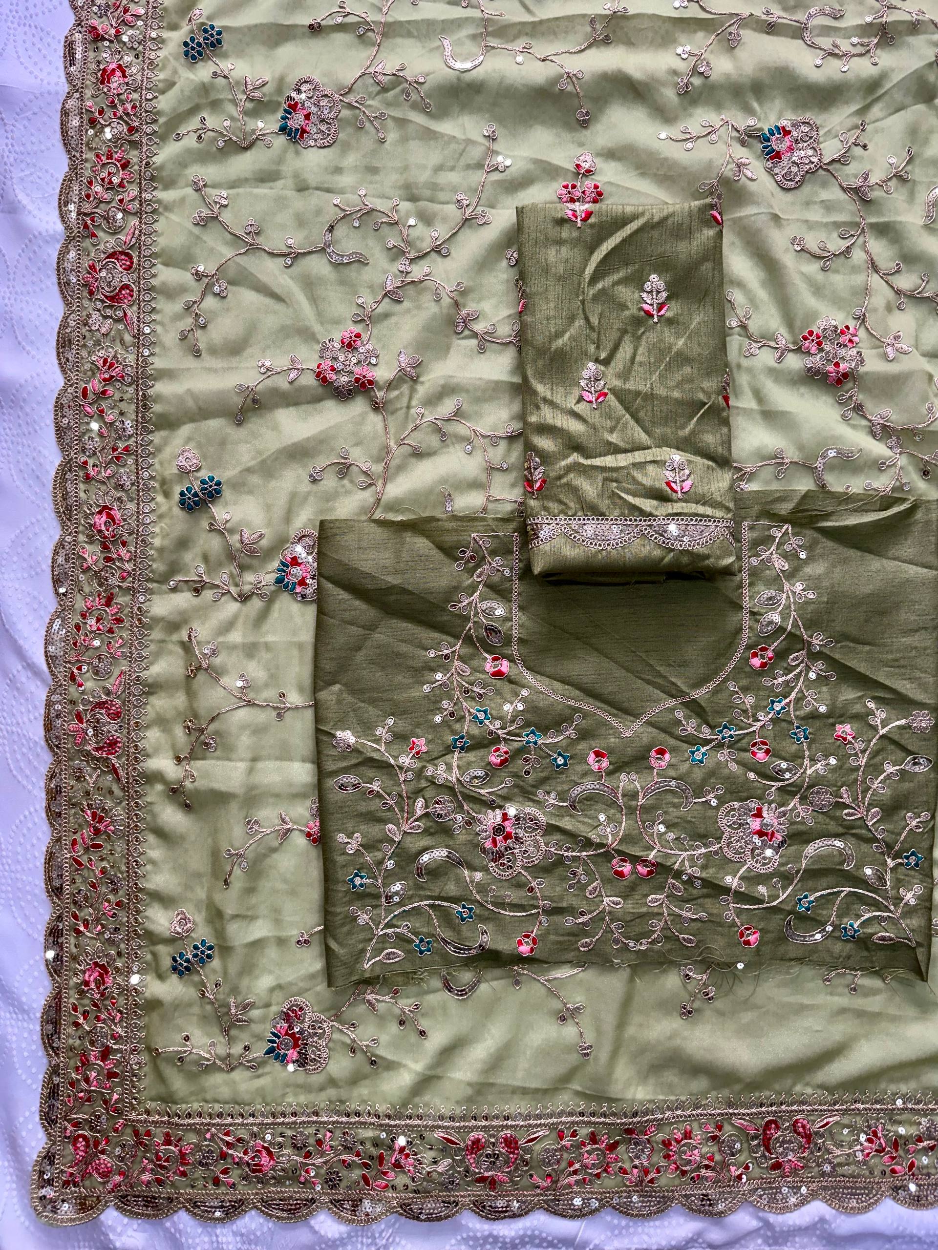 Women’s Olive Green Embroidered Soft Georgette Party Wear Saree with Cutwork Border