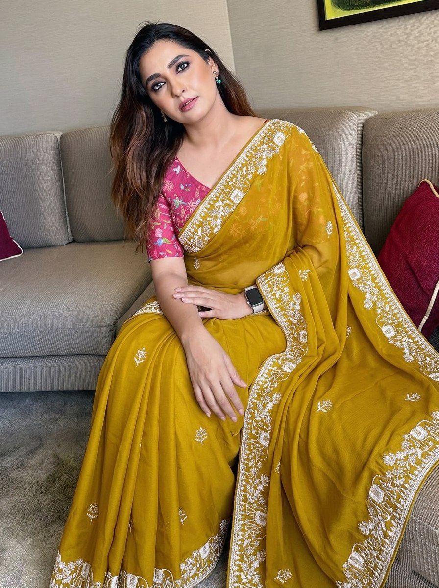 Women’s Mustard Yellow Rangoli Silk Saree with Embroidery Lace Border