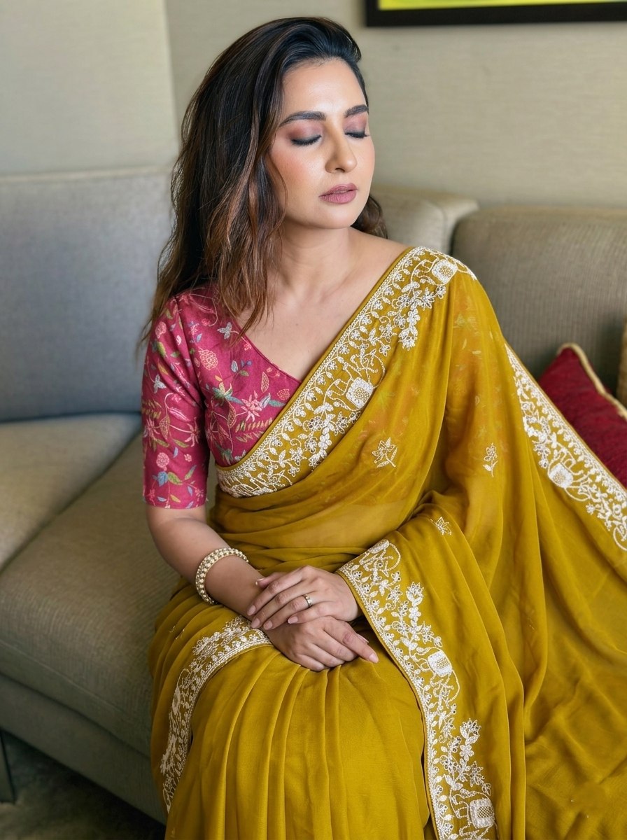 Women’s Mustard Yellow Rangoli Silk Saree with Embroidery Lace Border