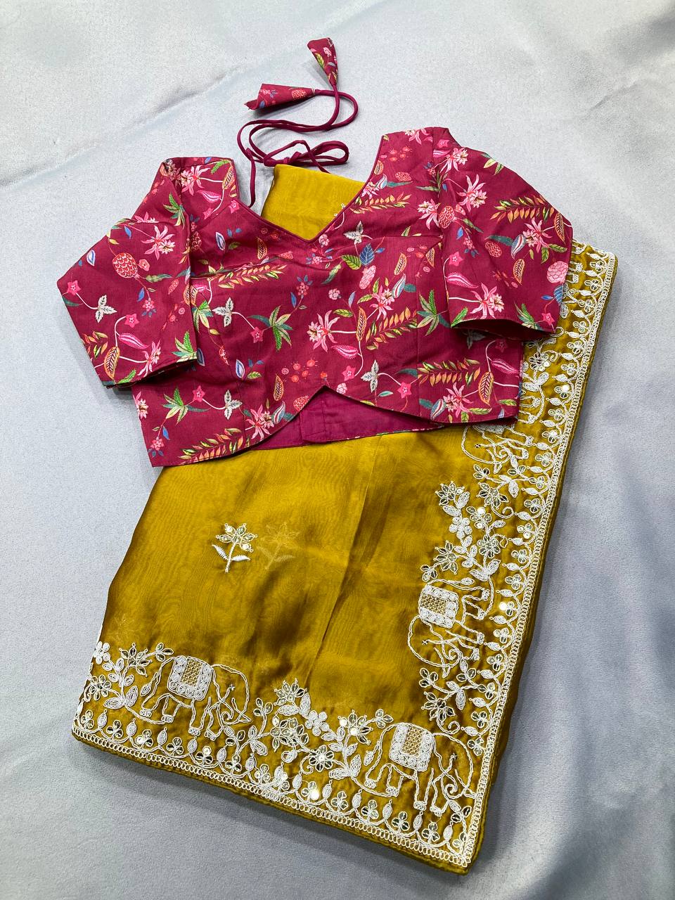 Women’s Mustard Yellow Rangoli Silk Saree with Embroidery Lace Border