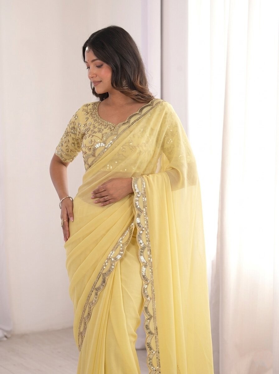 Elegant Lemon Yellow Designer Moss Chiffon Saree with Sequins Embroidery Lace Border & Banglory Silk Blouse