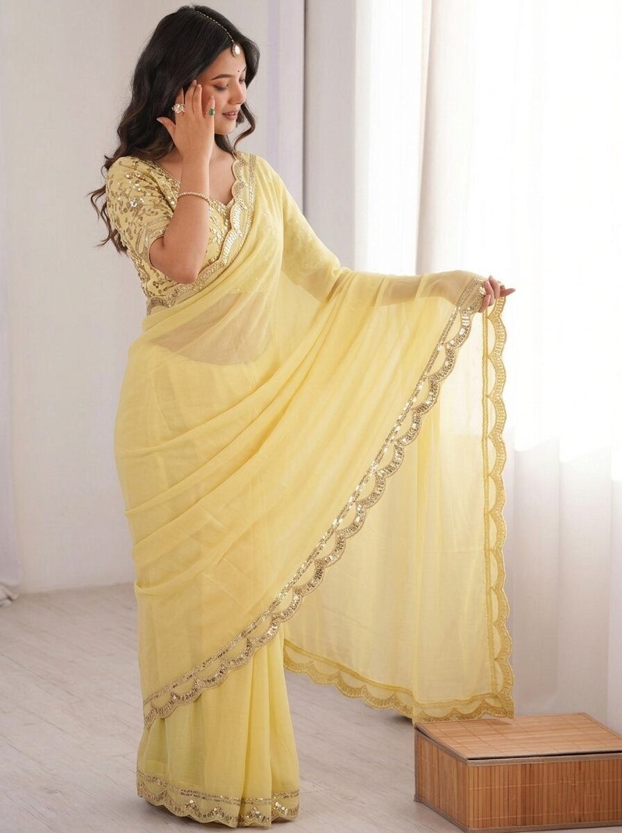 Elegant Lemon Yellow Designer Moss Chiffon Saree with Sequins Embroidery Lace Border & Banglory Silk Blouse