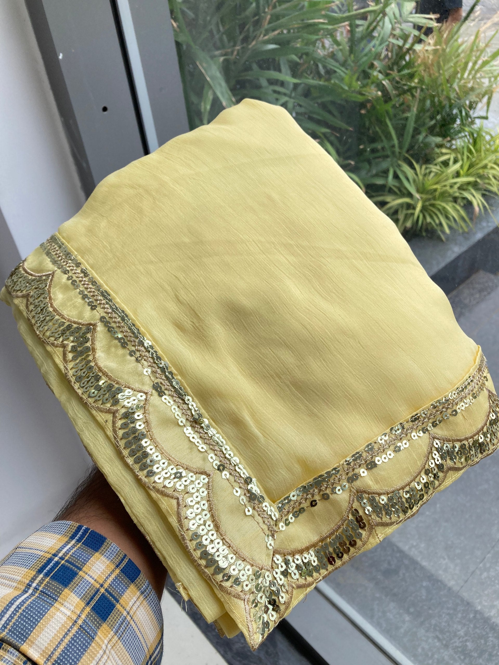 Elegant Lemon Yellow Designer Moss Chiffon Saree with Sequins Embroidery Lace Border & Banglory Silk Blouse