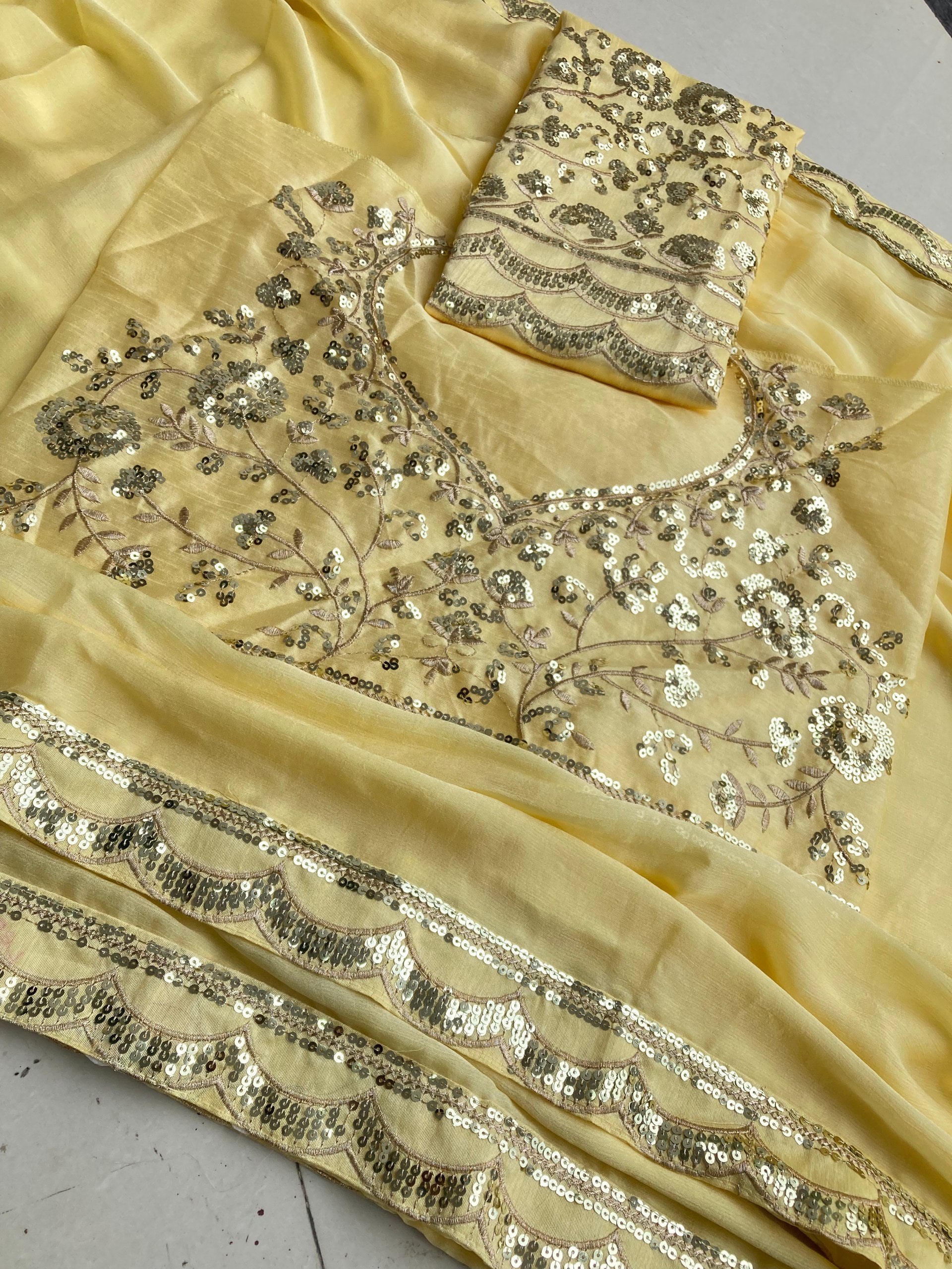 Elegant Lemon Yellow Designer Moss Chiffon Saree with Sequins Embroidery Lace Border & Banglory Silk Blouse