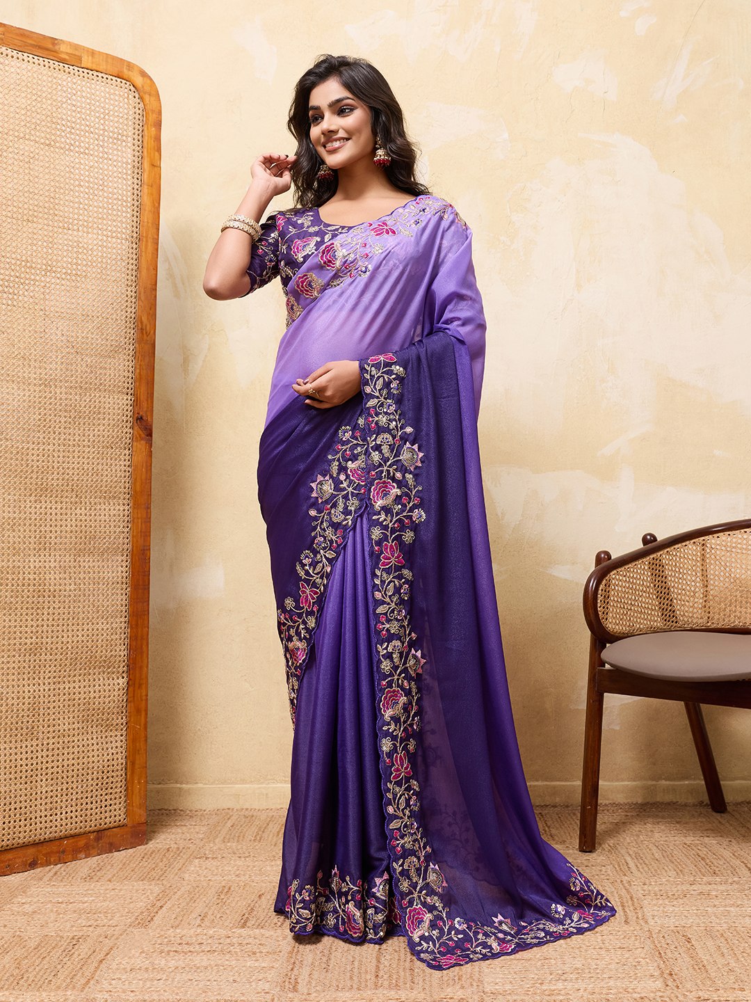 Premium Soft Star Georgette Embroidery Cutwork Saree with Mono Banglory Silk Blouse for Wedding Wear