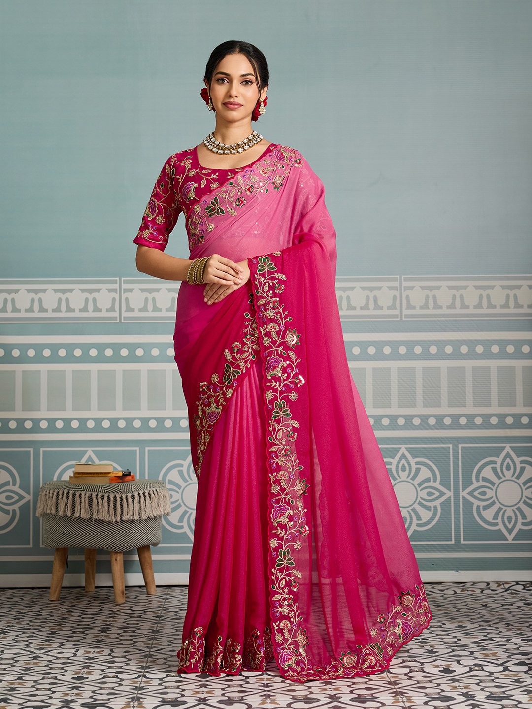 Premium Soft Star Georgette Embroidery Cutwork Saree with Mono Banglory Silk Blouse for Wedding Wear