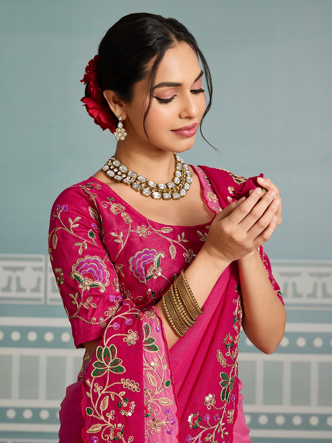 Premium Soft Star Georgette Embroidery Cutwork Saree with Mono Banglory Silk Blouse for Wedding Wear