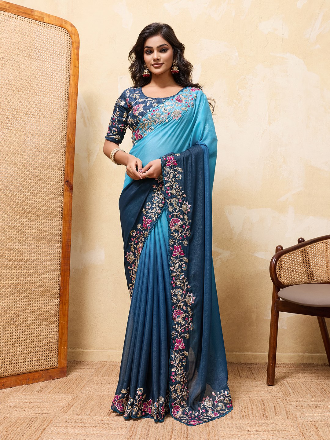 Premium Soft Star Georgette Embroidery Cutwork Saree with Mono Banglory Silk Blouse for Wedding Wear