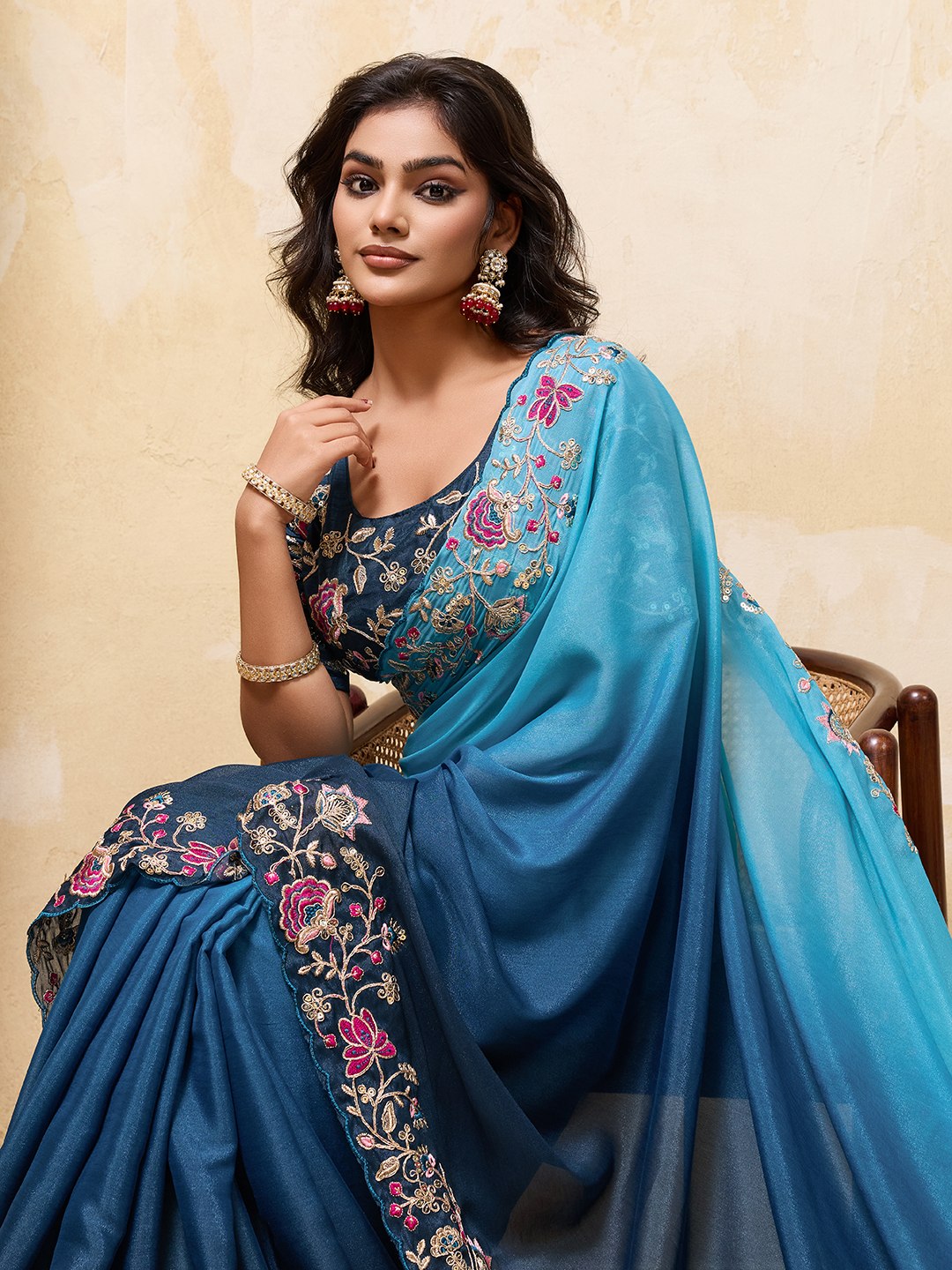 Premium Soft Star Georgette Embroidery Cutwork Saree with Mono Banglory Silk Blouse for Wedding Wear