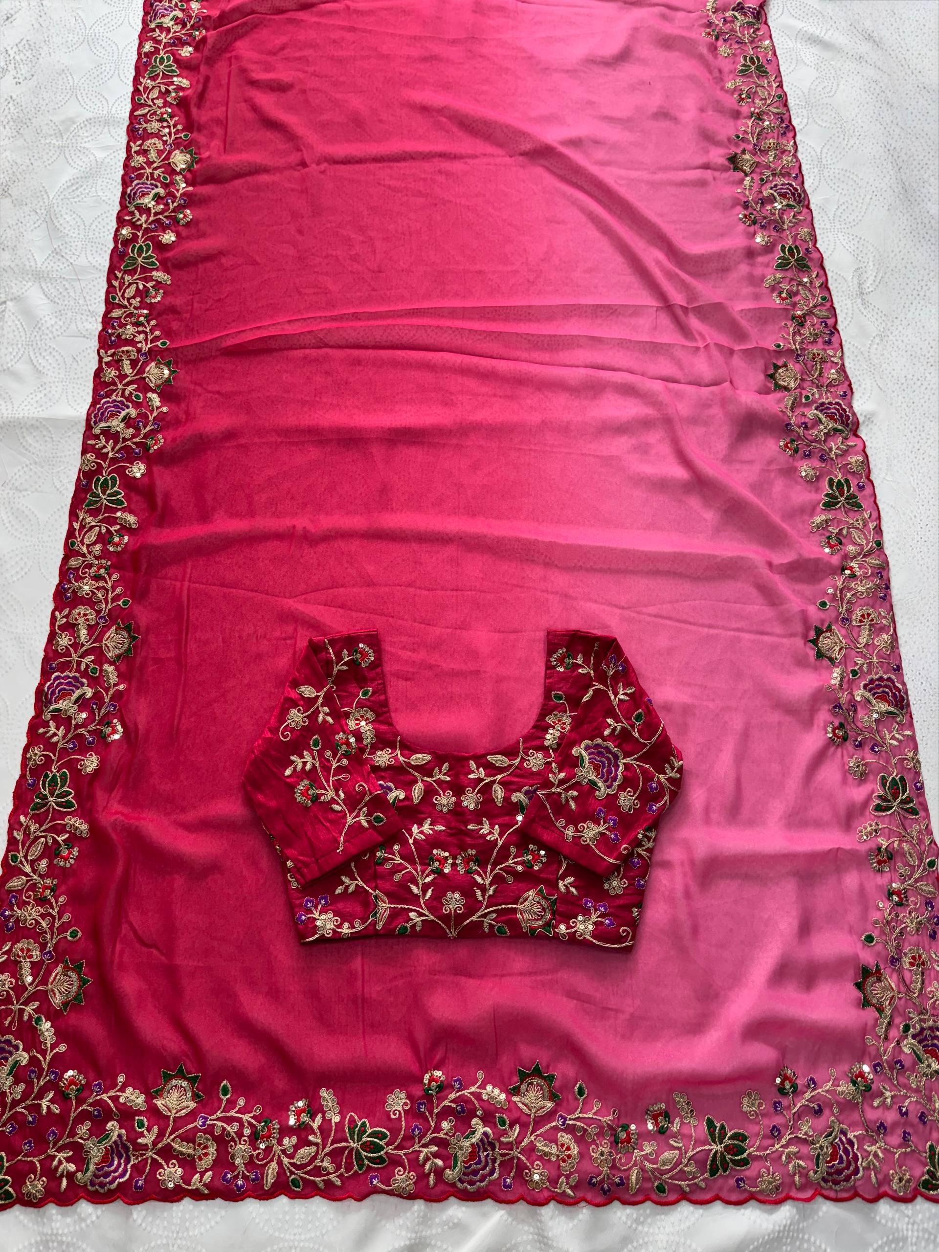 Premium Soft Star Georgette Embroidery Cutwork Saree with Mono Banglory Silk Blouse for Wedding Wear