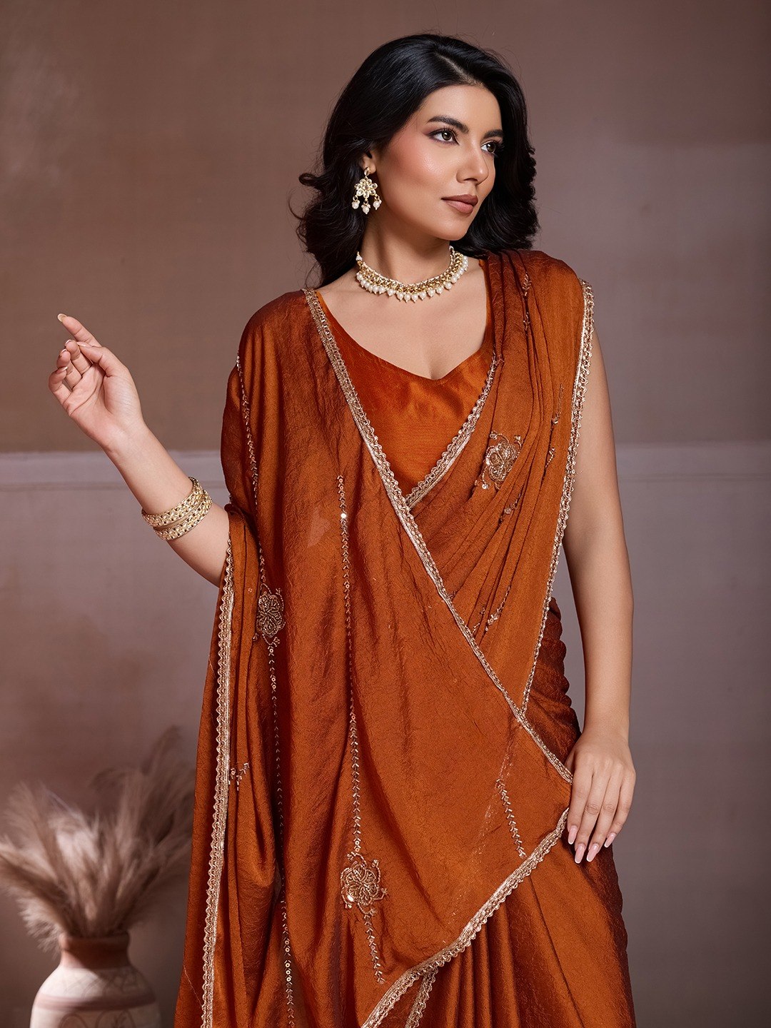 Party Wear Soft Crush Silk Saree With All Over Embroidery Butti Work, Designer Lace Border & Matching Blouse