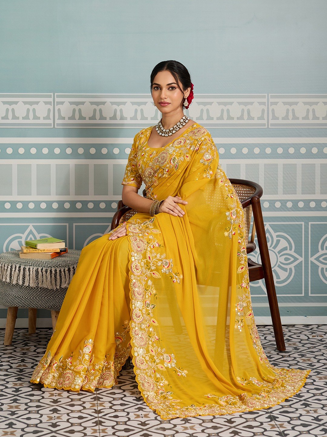 Mustard Yellow Party Wear Soft Star Georgette Saree with Embroidery Cutwork Border