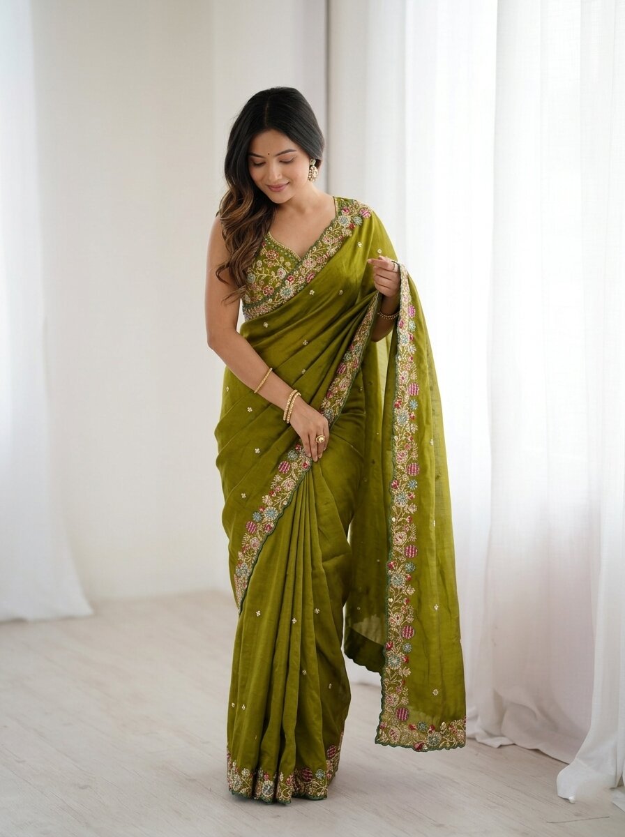 Olive Green Embroidered Fendy Satin Silk Saree with Cutwork Border & Embroidered Blouse