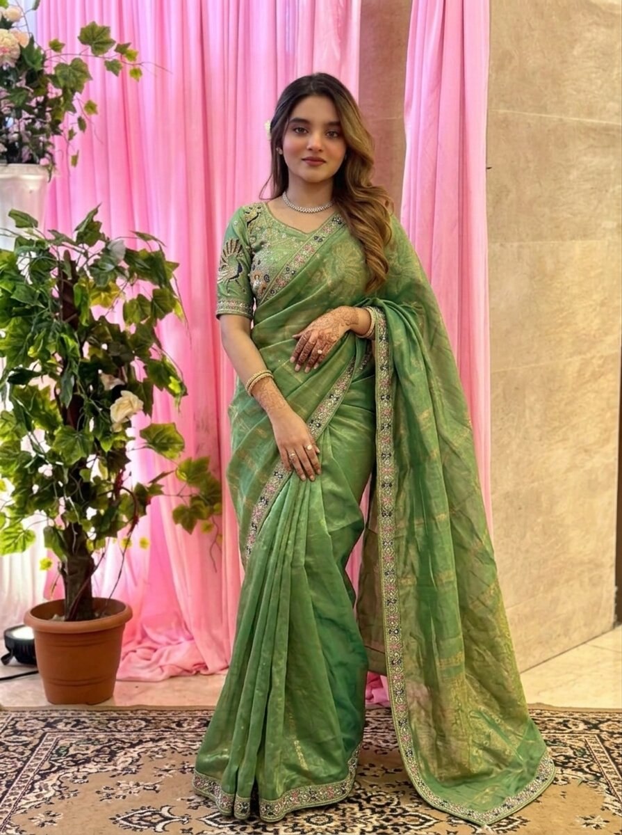 Designer Fendy Satin Silk Saree with 3 Beads, Sequence & Cutdana Embroidery Lace Border and Stitched Blouse