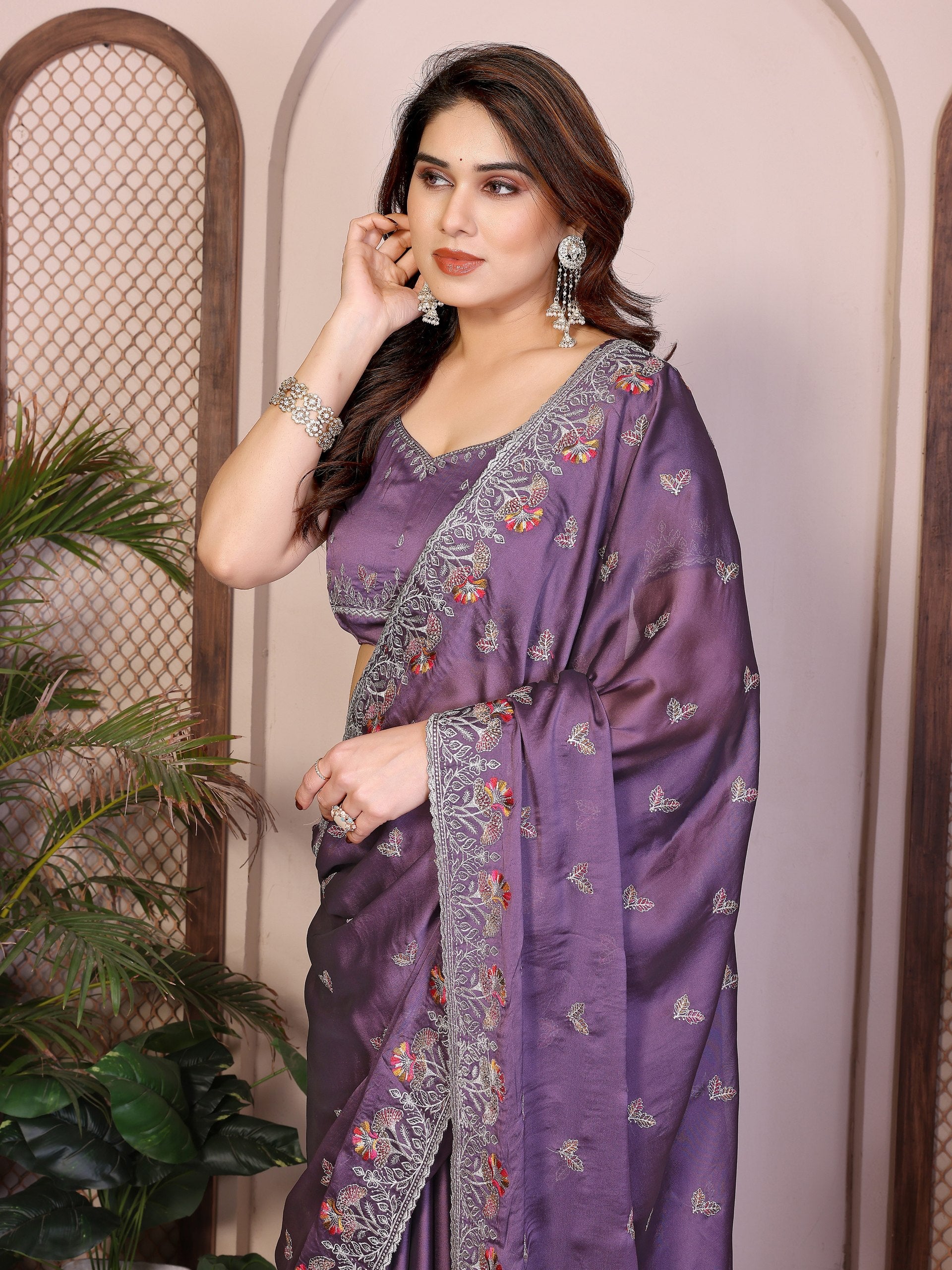 Party Wear Rangoli Silk Saree with Embroidery Lace Border & Running Embroidered Blouse