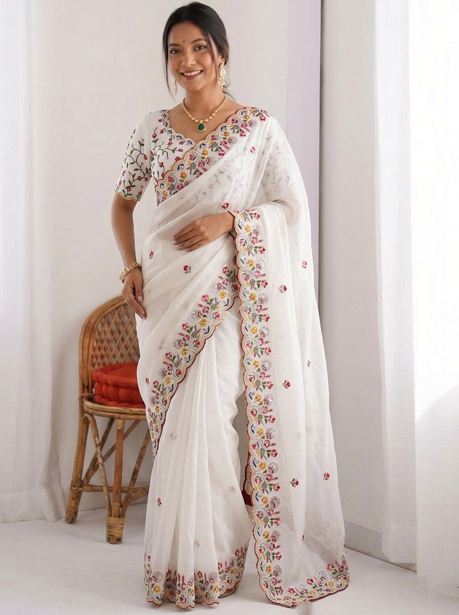 Premium Crush Silk Saree with All Over Embroidery Butta, Cutwork Border & Embroidered Blouse