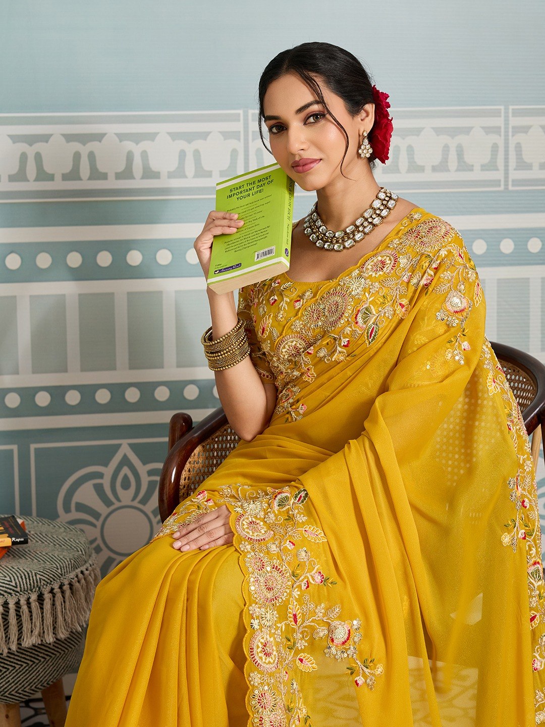 Mustard Yellow Party Wear Soft Star Georgette Saree with Embroidery Cutwork Border