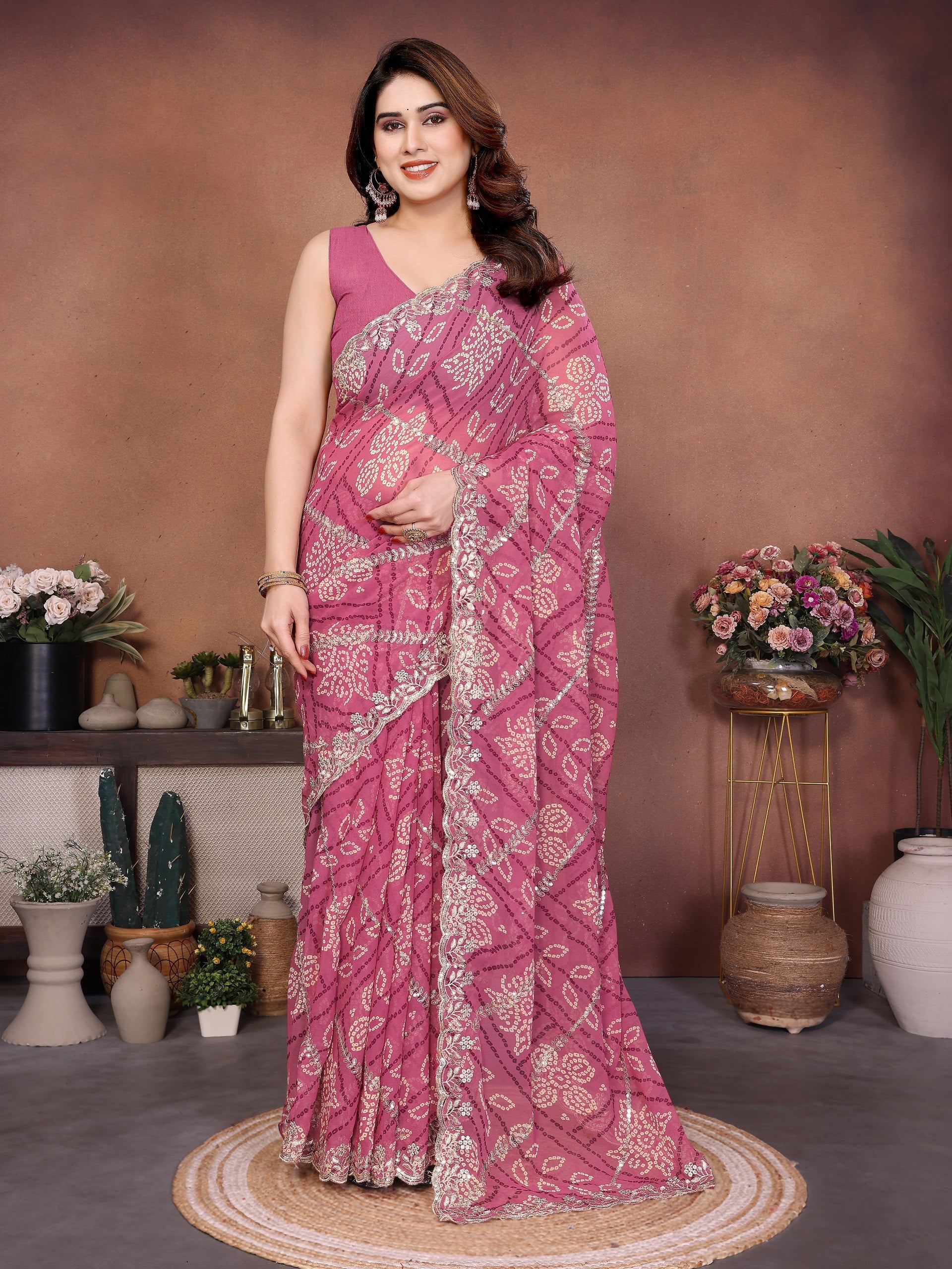 Peach Bandhej Printed Georgette Saree with Embroidered Cutwork Border