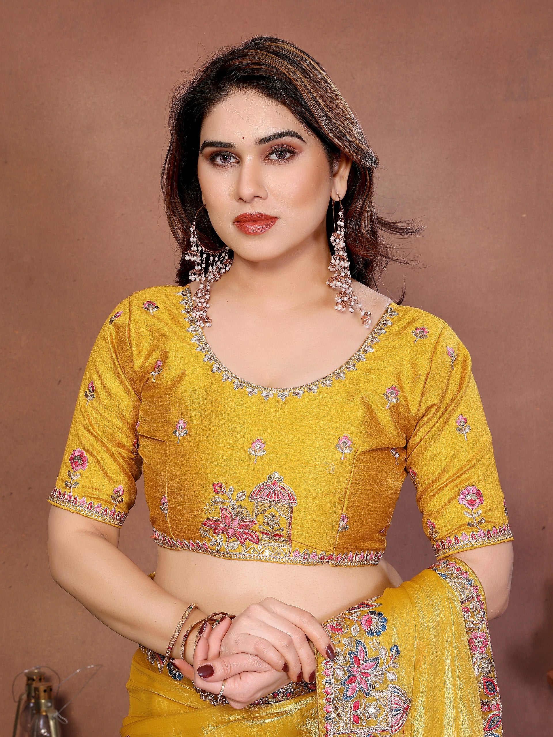 Premium Fendy Chiffon Silk Saree with Embroidery Cutwork Lace Border & Heavy Embroidered Blouse