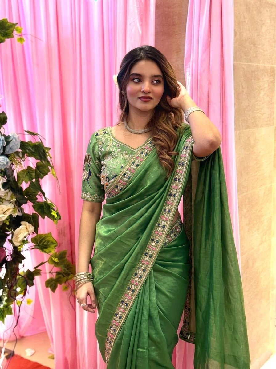 Designer Fendy Satin Silk Saree with 3 Beads, Sequence & Cutdana Embroidery Lace Border and Stitched Blouse