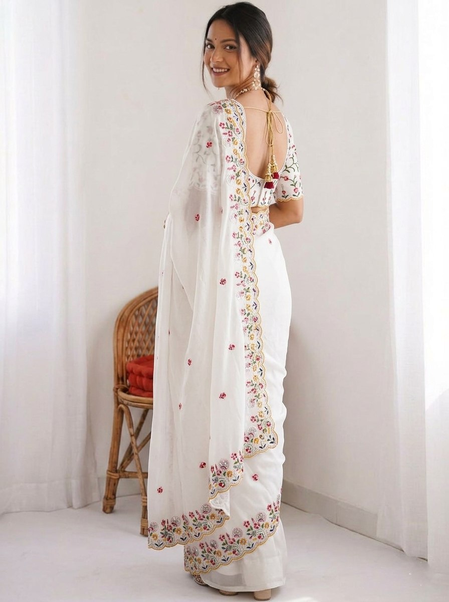 Premium Crush Silk Saree with All Over Embroidery Butta, Cutwork Border & Embroidered Blouse