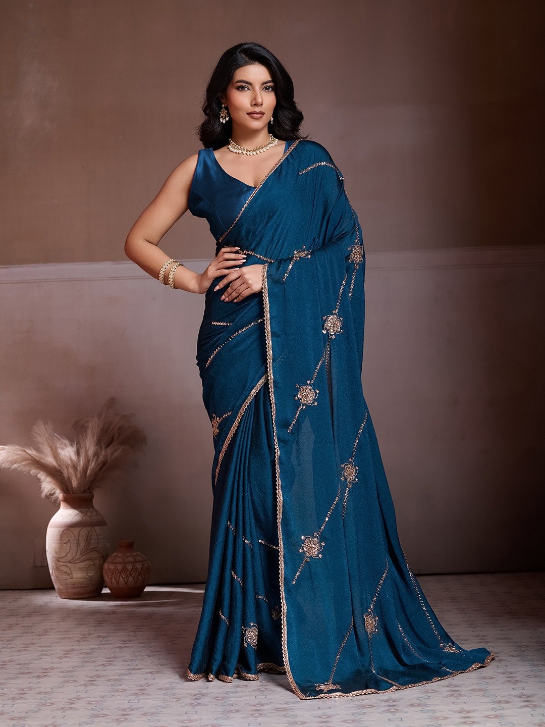 Party Wear Soft Crush Silk Saree With All Over Embroidery Butti Work, Designer Lace Border & Matching Blouse