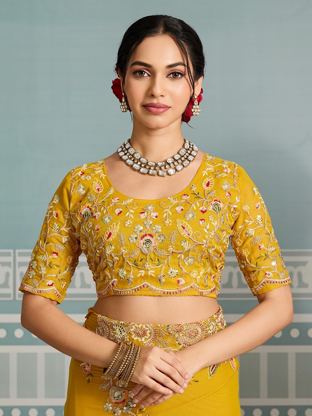 Mustard Yellow Party Wear Soft Star Georgette Saree with Embroidery Cutwork Border