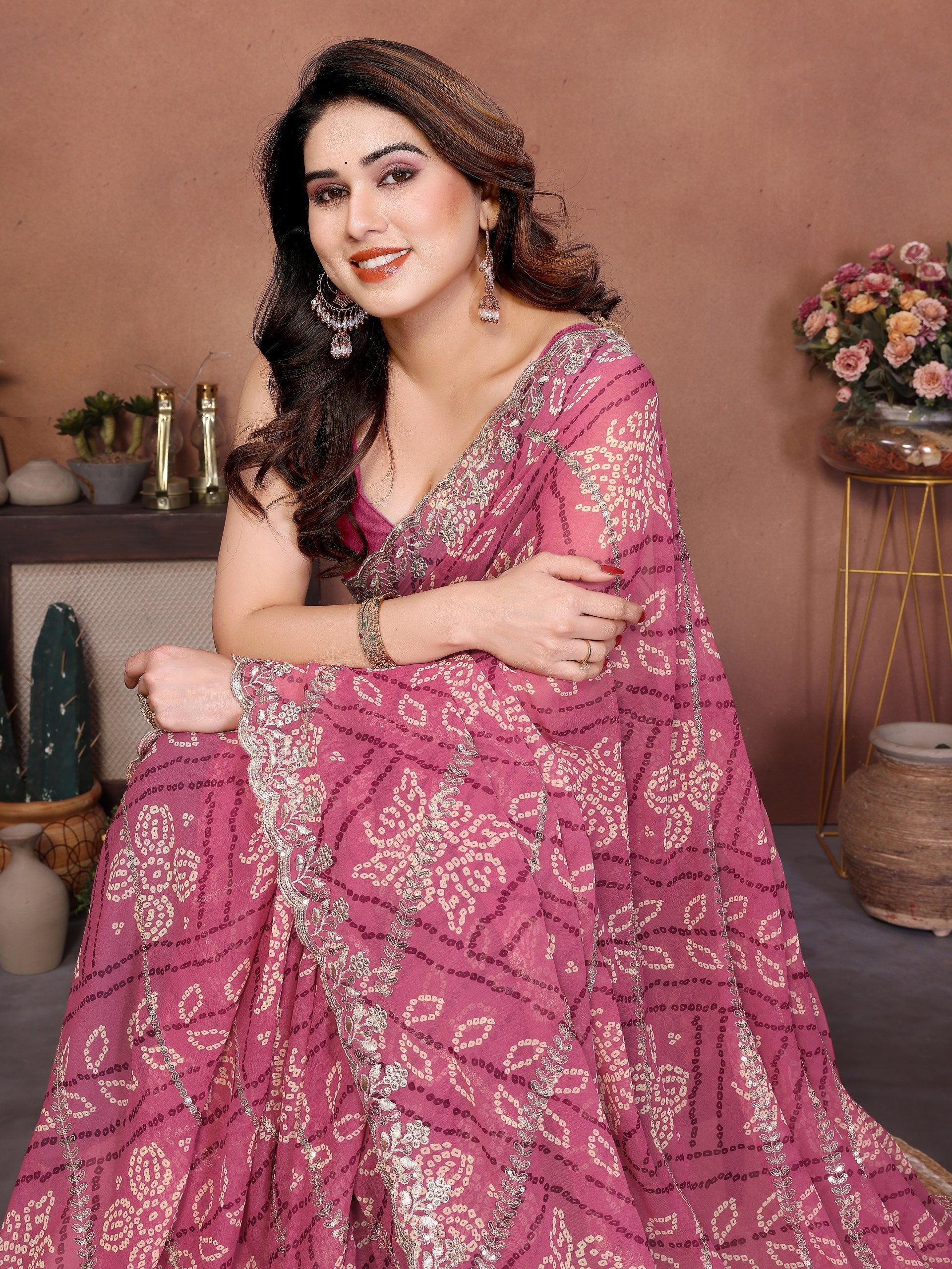 Peach Bandhej Printed Georgette Saree with Embroidered Cutwork Border