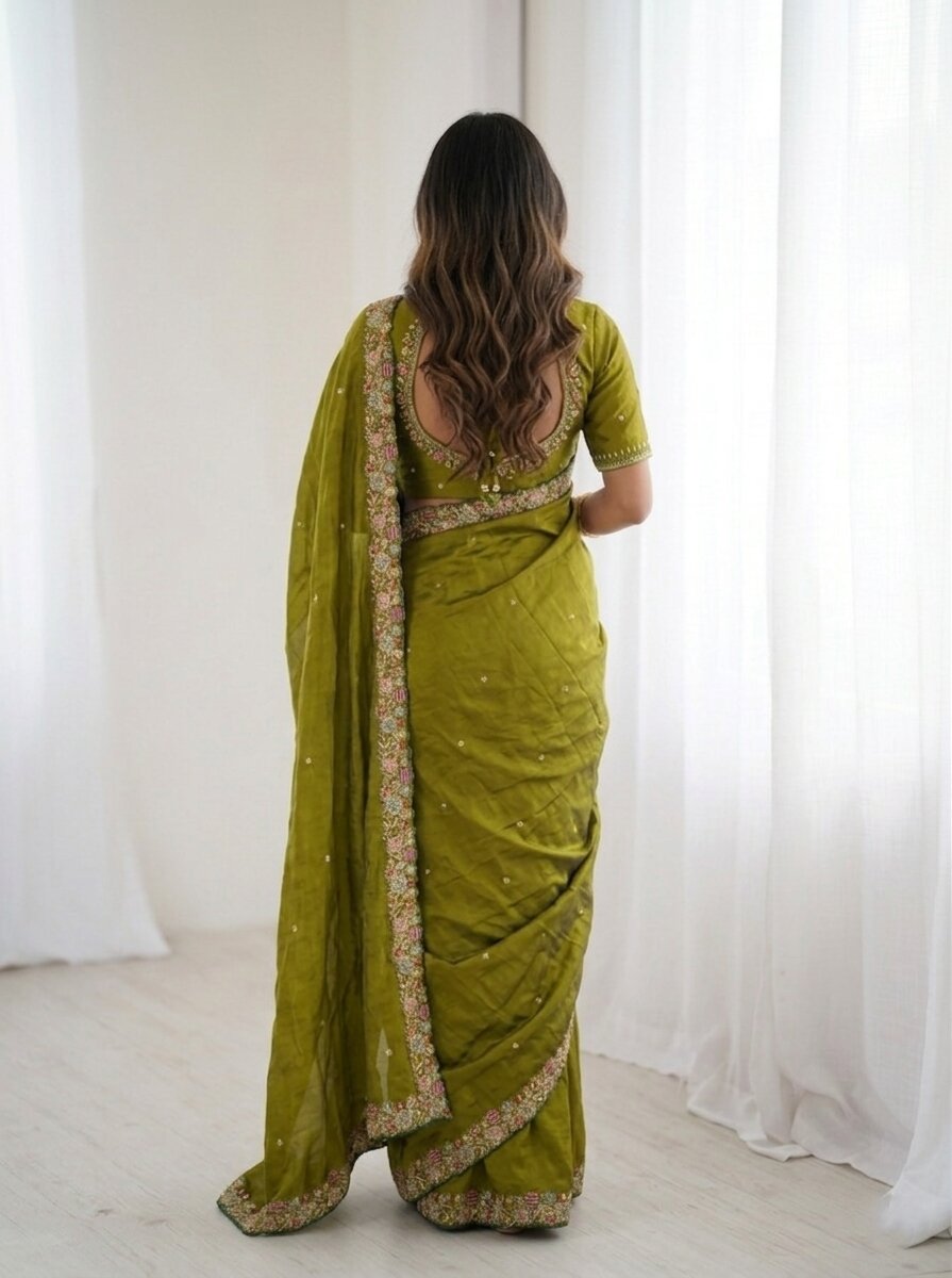 Olive Green Embroidered Fendy Satin Silk Saree with Cutwork Border & Embroidered Blouse