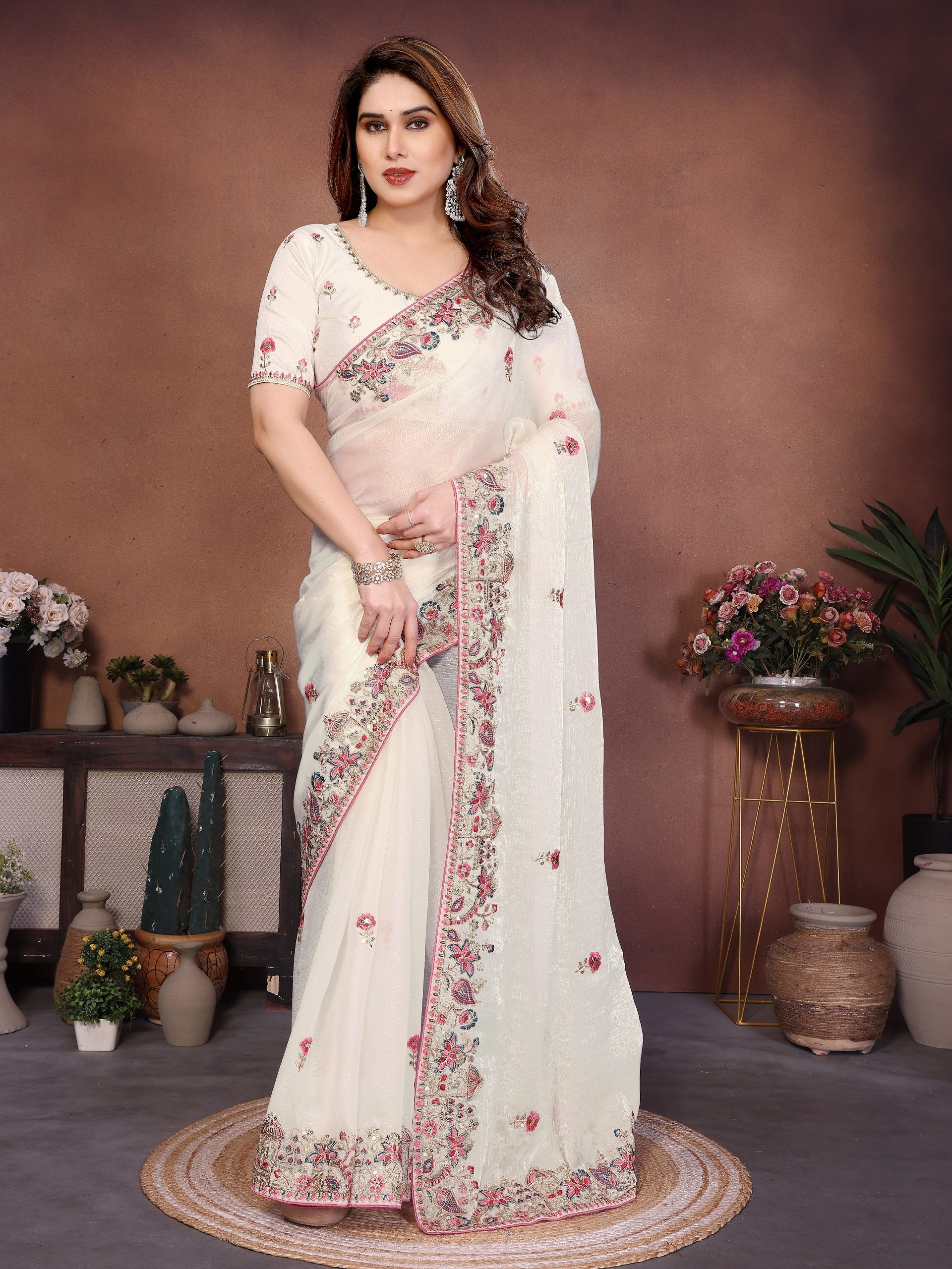 Premium Fendy Chiffon Silk Saree with Embroidery Cutwork Lace Border & Heavy Embroidered Blouse