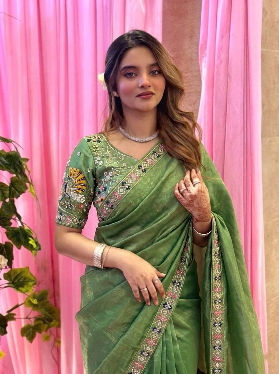 Designer Fendy Satin Silk Saree with 3 Beads, Sequence & Cutdana Embroidery Lace Border and Stitched Blouse