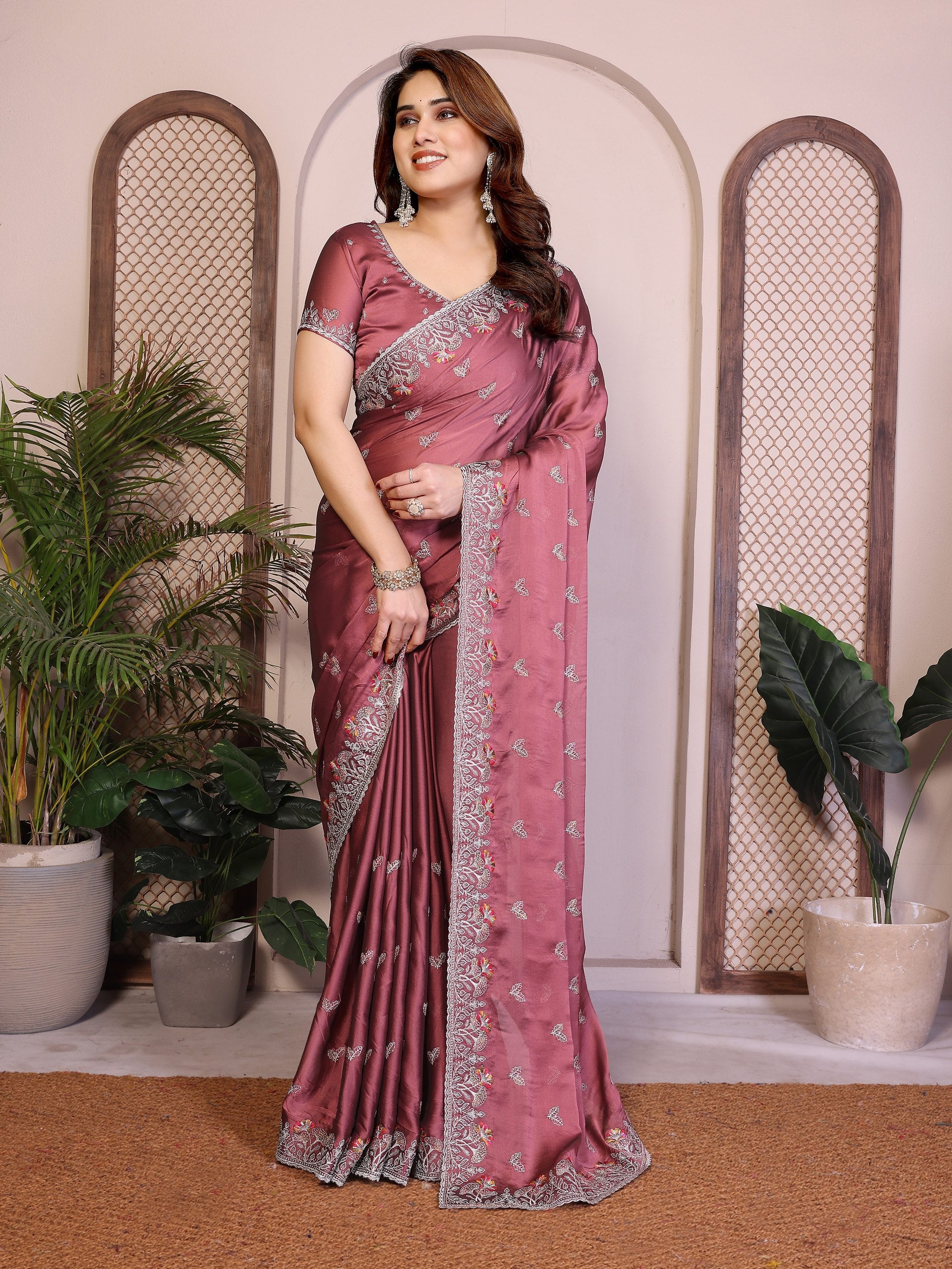 Party Wear Rangoli Silk Saree with Embroidery Lace Border & Running Embroidered Blouse