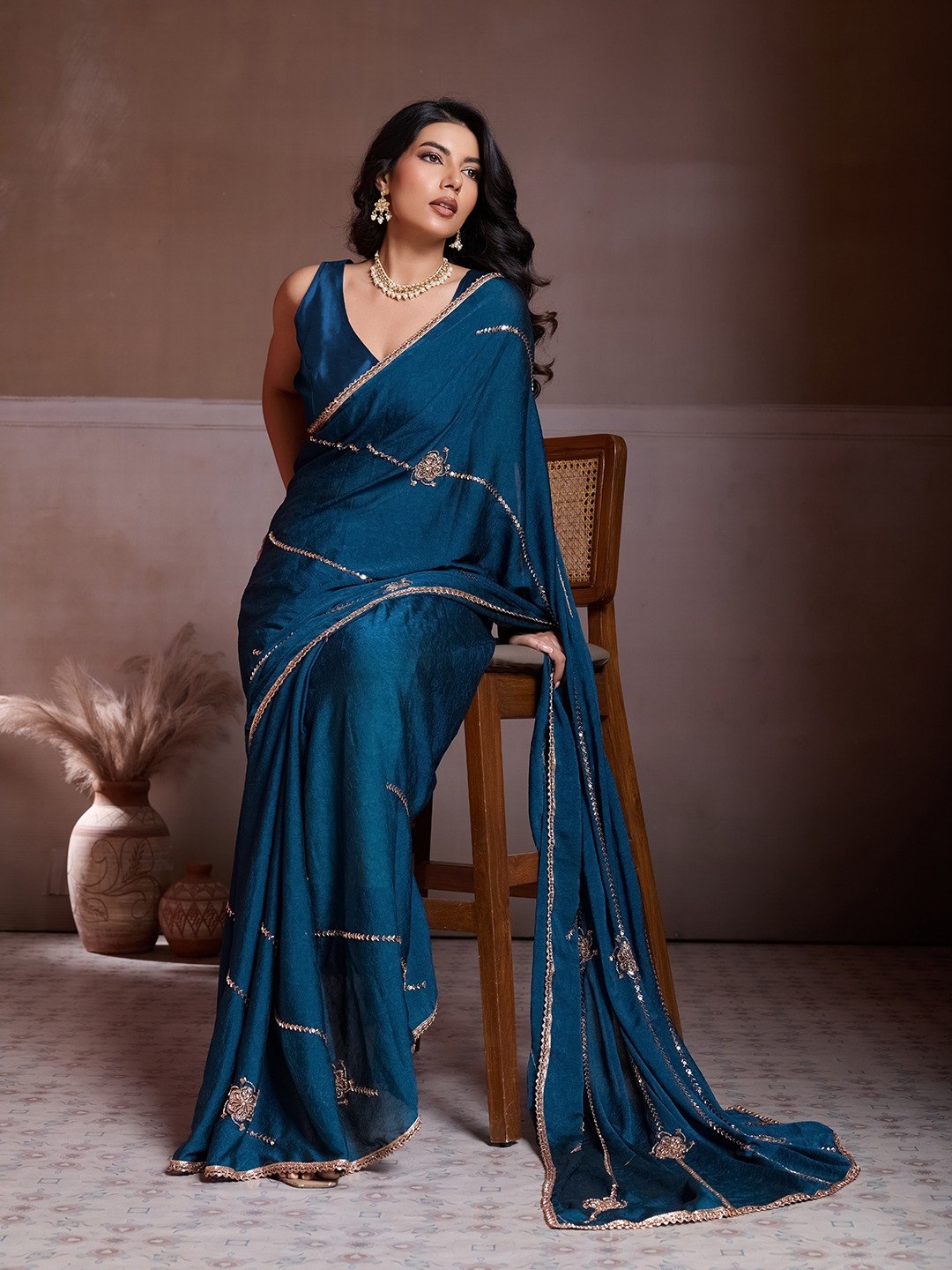Party Wear Soft Crush Silk Saree With All Over Embroidery Butti Work, Designer Lace Border & Matching Blouse