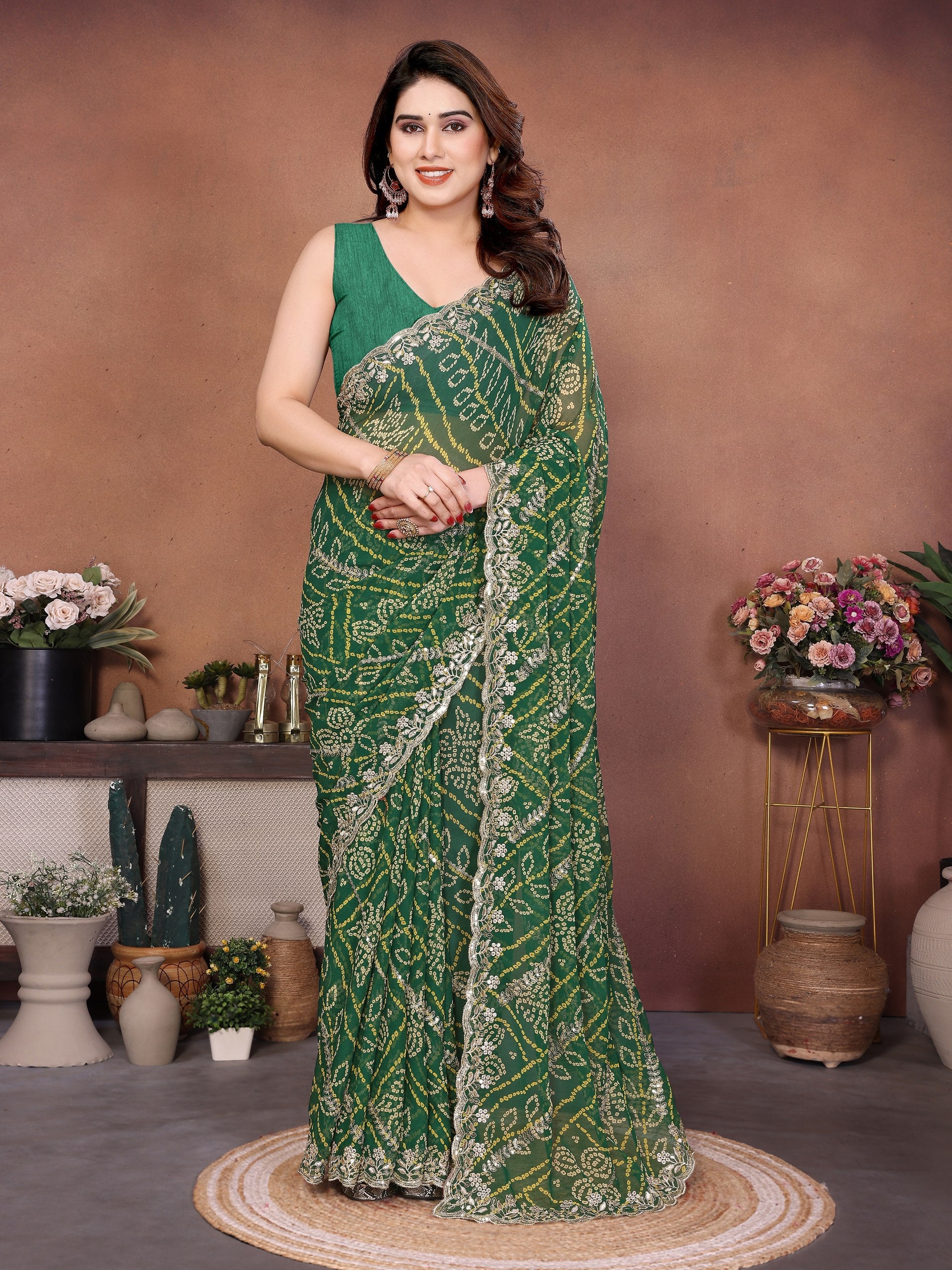 Green Bandhej Printed Georgette Saree with Embroidered Cutwork Border