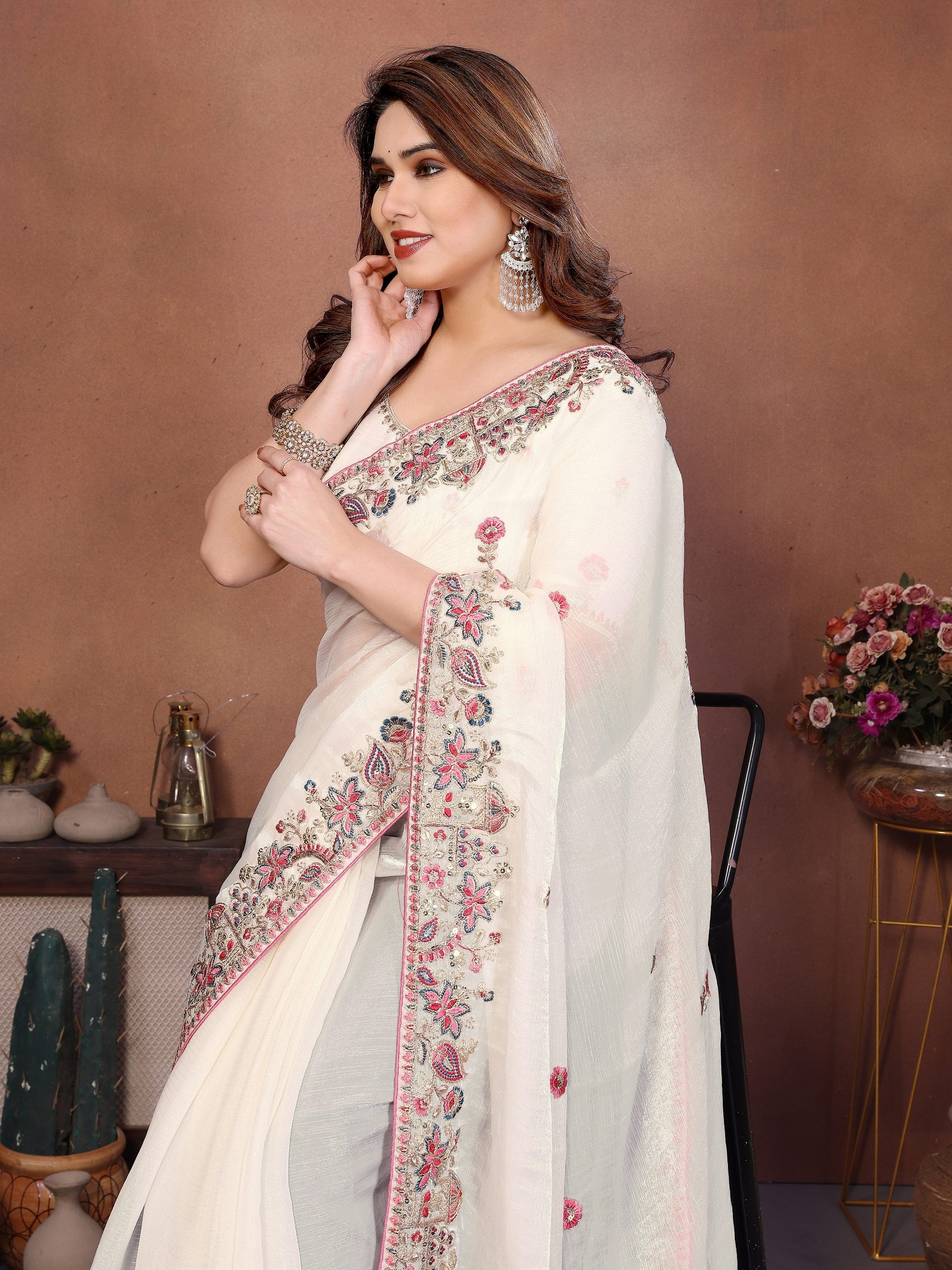 Premium Fendy Chiffon Silk Saree with Embroidery Cutwork Lace Border & Heavy Embroidered Blouse