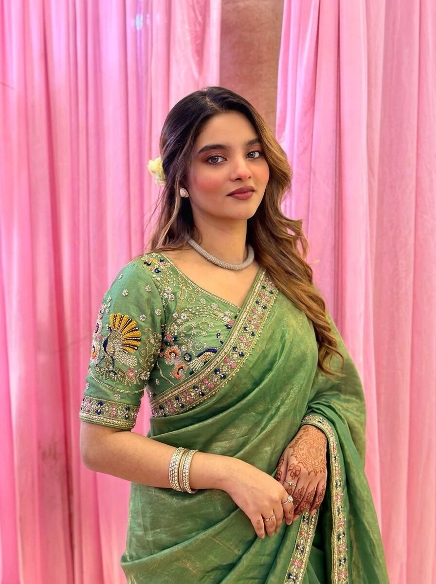 Designer Fendy Satin Silk Saree with 3 Beads, Sequence & Cutdana Embroidery Lace Border and Stitched Blouse
