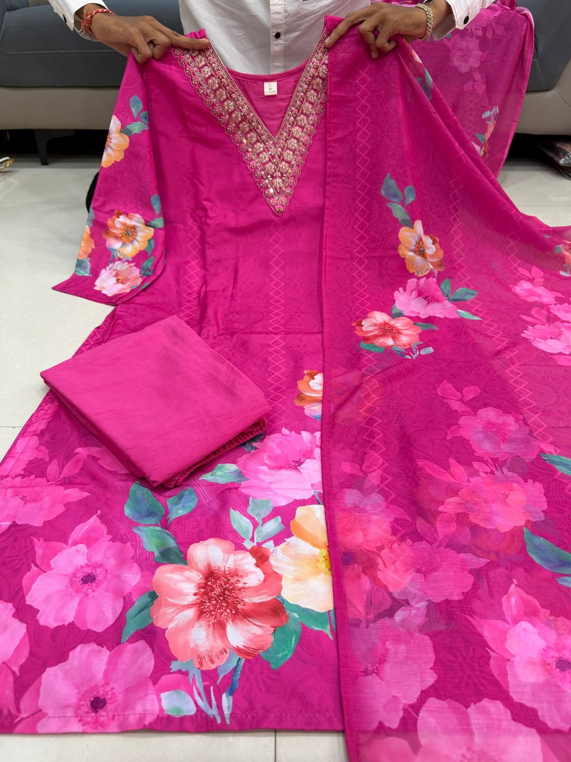 Premium KitKat Silk Floral Hand-Embroidered 3-Piece Suit Set