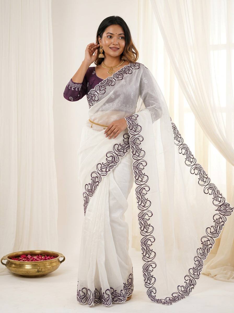 Premium Crunchy Silk Saree with Designer C-Pallu & Cutwork Border