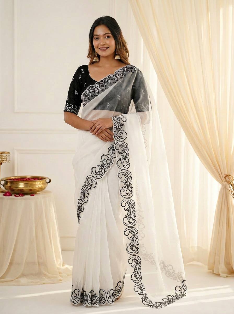 Premium Crunchy Silk Saree with Designer C-Pallu & Cutwork Border