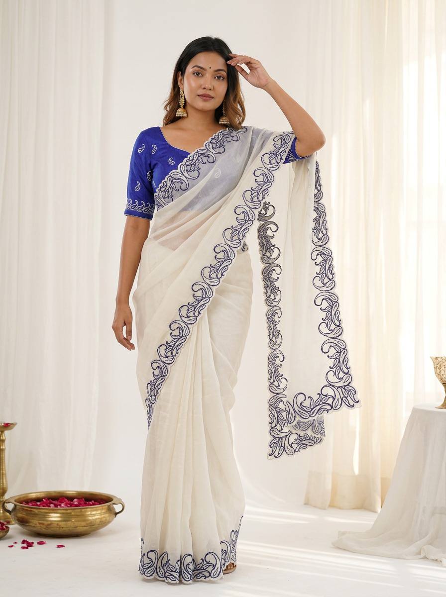 Premium Crunchy Silk Saree with Designer C-Pallu & Cutwork Border
