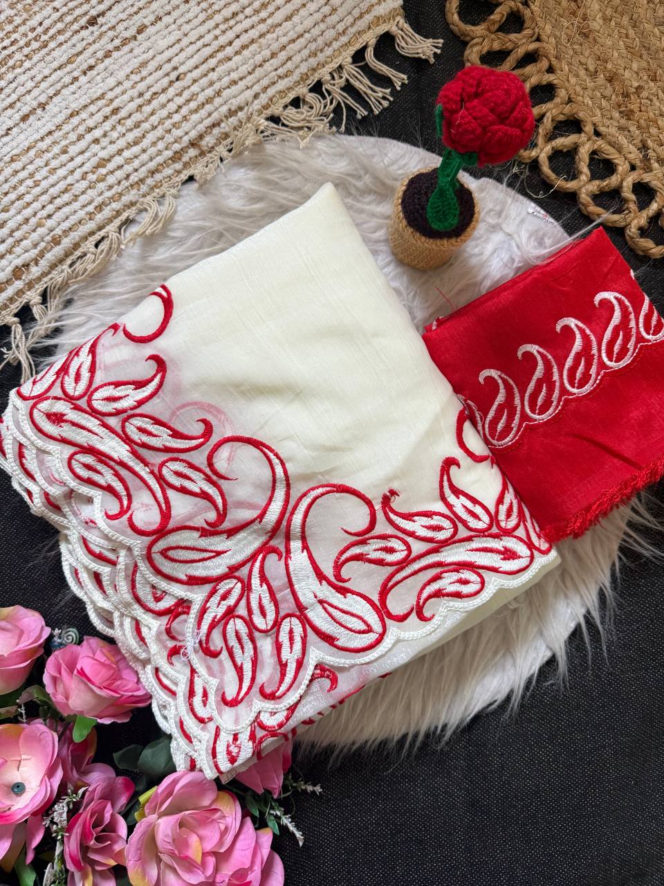 Premium Crunchy Silk Saree with Designer C-Pallu & Cutwork Border