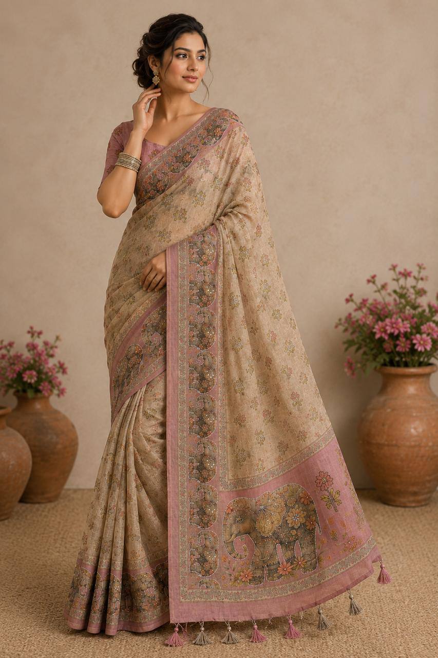 Premium Beige Crunchy Silk Saree with Kalamkari Elephant Border & Embroidery