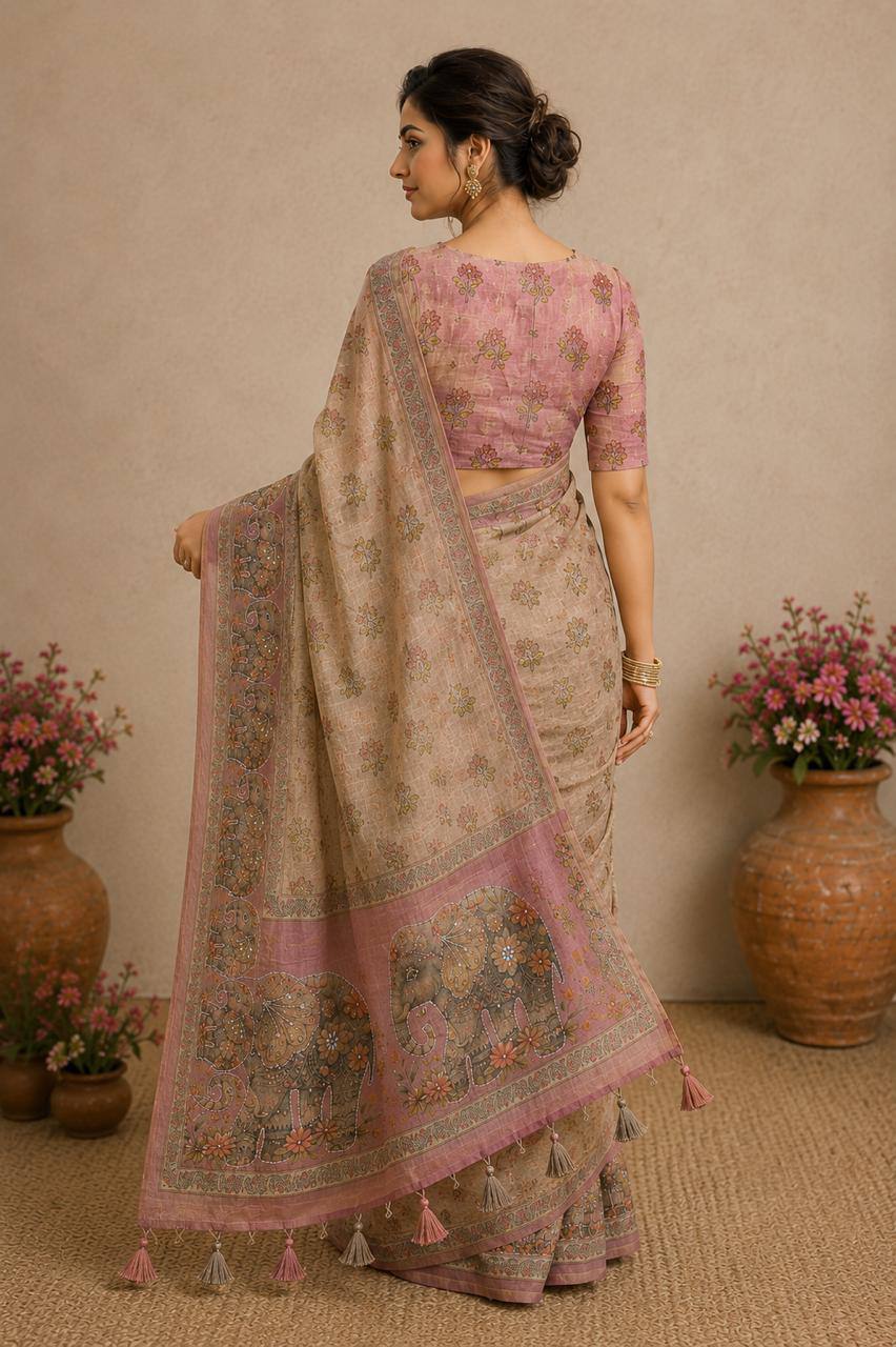 Premium Beige Crunchy Silk Saree with Kalamkari Elephant Border & Embroidery