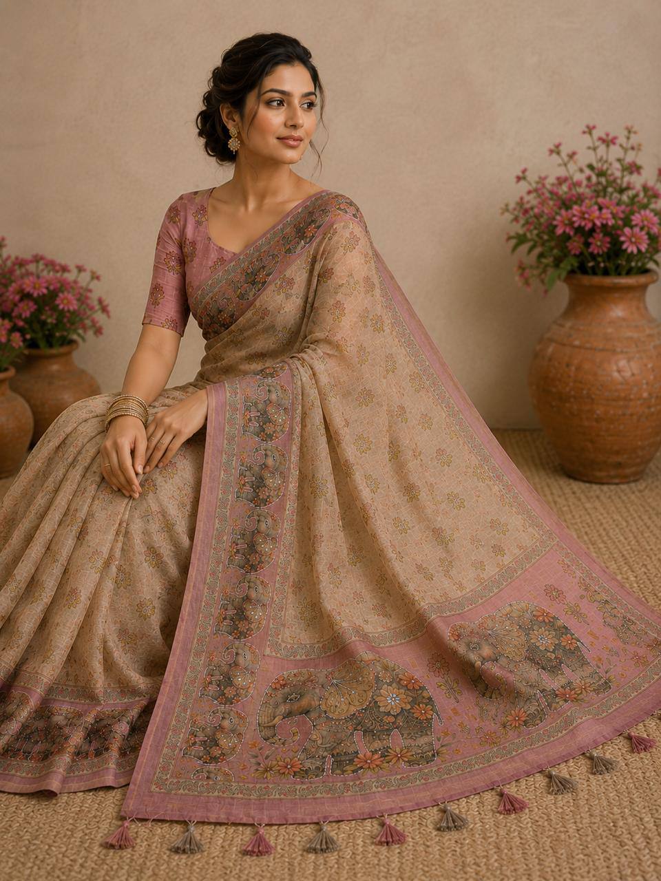 Premium Beige Crunchy Silk Saree with Kalamkari Elephant Border & Embroidery