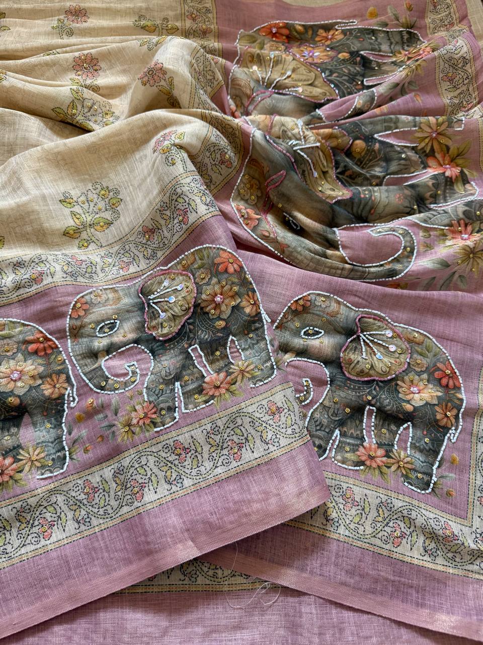 Premium Beige Crunchy Silk Saree with Kalamkari Elephant Border & Embroidery