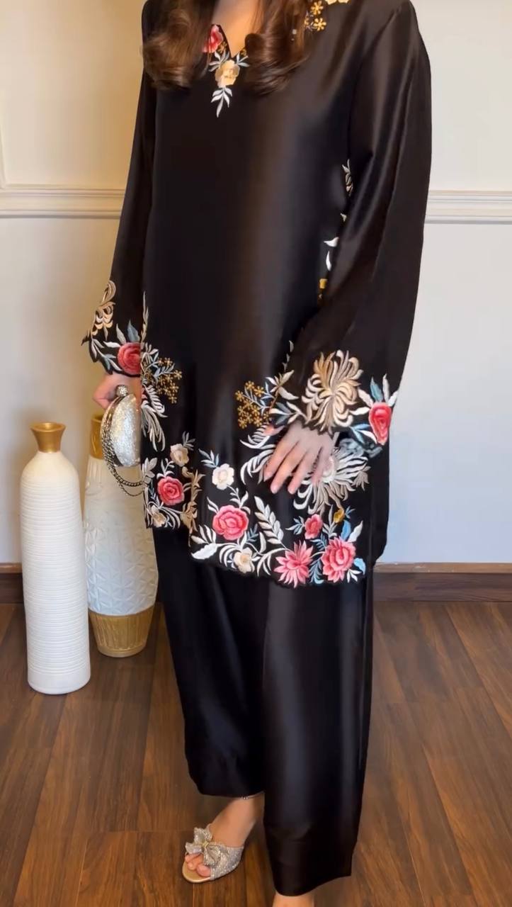 Midnight Black Rayon Satin Embroidered Kurta Set with Palazzos