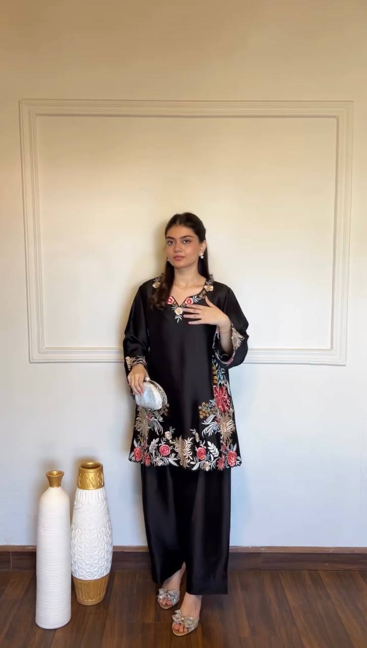 Midnight Black Rayon Satin Embroidered Kurta Set with Palazzos