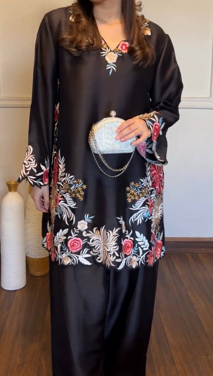 Midnight Black Rayon Satin Embroidered Kurta Set with Palazzos