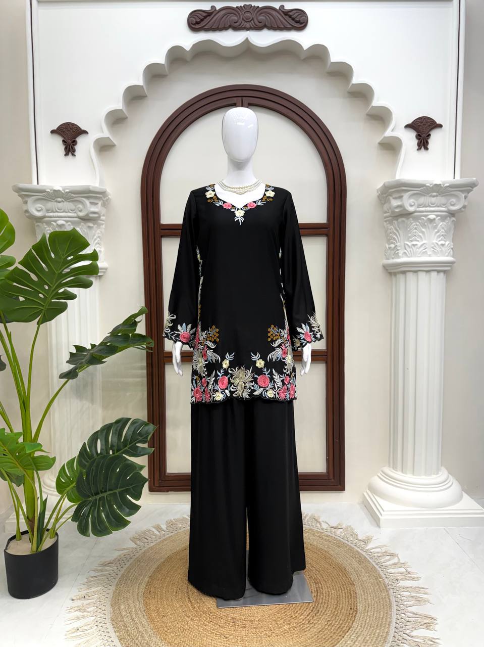Midnight Black Rayon Satin Embroidered Kurta Set with Palazzos